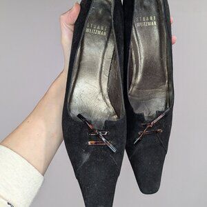 Stuart Weitzman Pointed Toe Flocked Velvet Pumps Black Size 7.5